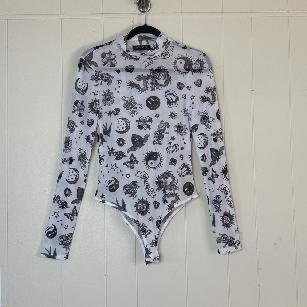 Nylon Apparel Womens Y2K Tattoo Print Sheer Mesh Bodysuit Size M Grunge Gothic‎
